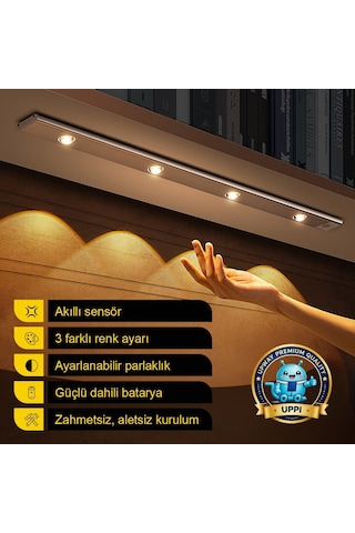 Upway 50 Cm Şarjlı Sensörlü Led Işık Bar 3 Renk Mercekli Tezgah Dolap Merdiven Lambası Siyah