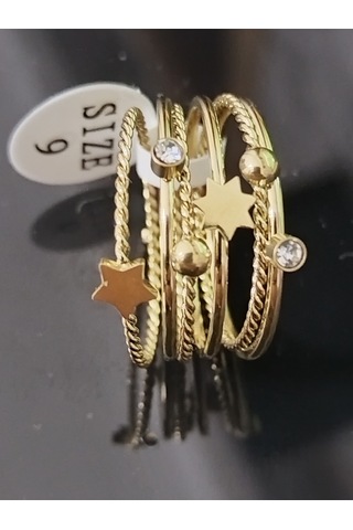 5'li Gold Renk Yıldızlı Ve Zirkon Taşlı Burgu Eklem Yüzüğü Seti Altın