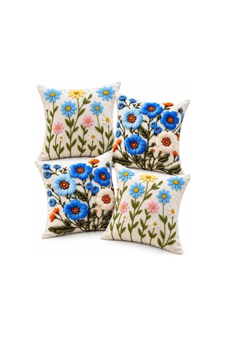 4'lü Set Çiçekli Dekoratif Kırlent Kılıfı 43x43 Cm, 3d Efektli Dijital Baskı - Mavi Çiçek Bahçesi Çok Renkli
