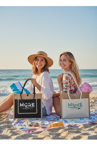 Moresun Jüt Keten Plaj Alışveriş Taşıma Çantası Bej - Siyah