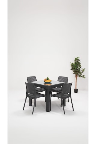 Rattan 4 Kişilik Kollu Camlı Bahçe Masa Takımı - Antrasit Siyah
