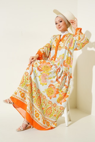 Bigdart 2423 Otantik Desenli Elbise - Y.Turuncu