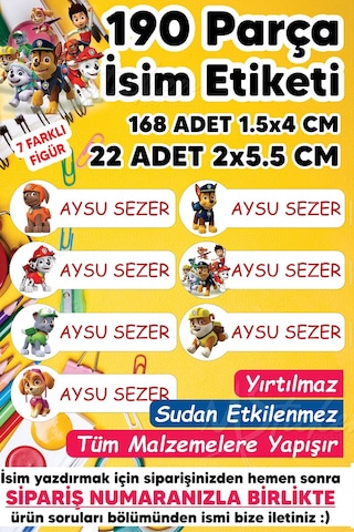 Okul Etiketi Kalem Defter Etiketi Paw Patrol Temalı Isim Yazılabilen Etiket - 190 Adet