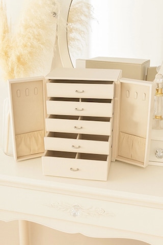 Dışı Deri İçi Kadife 5 Çekmeceli Takı Bijuteri Mücevher Kutusu Organizer Düzenleyici Krem İthal Ürün