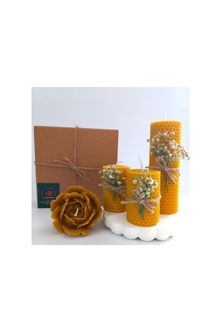 Dekoratif Balmumu Mum Hediye Kutusu, 4 Lü Set, Yeşil Krem Süslemeli 000 Açık Krem