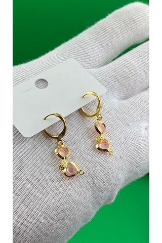 Kadın Gold Renk Kalpli Küpe Pembe