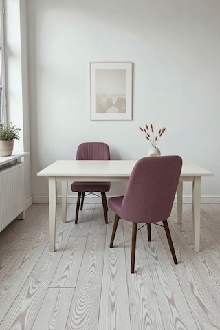 Nora 2 Adet Sandalye - Keten Kumaşlı Sandalye Modern Ahşap Ayaklı Yemek & Çalışma Sandalyesi Minimal Tasarım Pembe