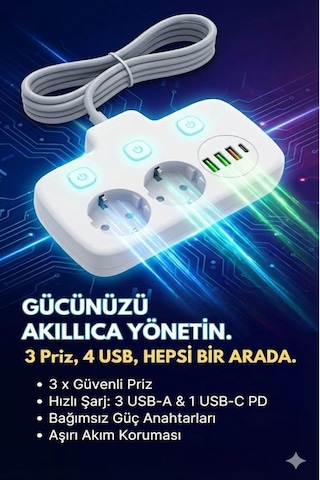 Plentiful 2500w Güçlü Akım Korumalı 3 Usb + Type-c Portlu Çoklu Priz Hızlı Şarj, Çocuk Kilidi, 850 C Yanmaz Malzeme 2