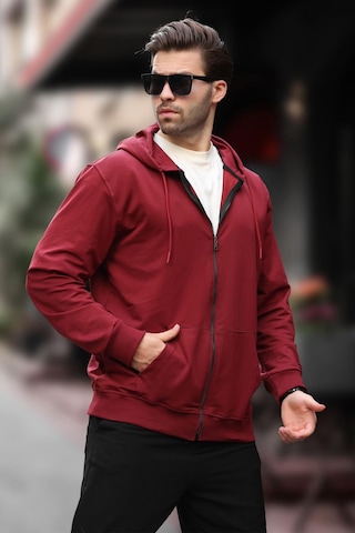 Madmext Bordo Kapüşonlu Fermuarlı Erkek Hırka 7070 Bordo