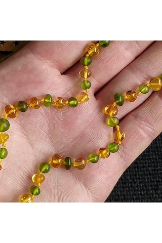Sertifikalı Bal Yeşil 35 cm Kız Erkek Bebek Diş Kolyesi Altın