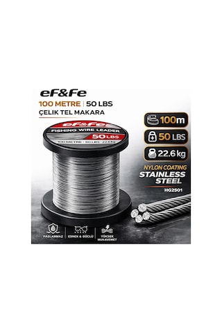 Effe Hg2501 Çelik Tel Makara 100m 50lbs 22.6kg Nylon Coating Stainless Steel 50 Lbs
