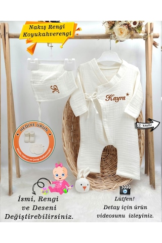 Gros Shop Müslin 2'li Kimono Bağcıklı Tulum %100 Pamuk Organik Kişiye Özg Kahverengi