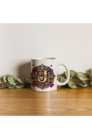 J Harfi Boho Bardak, Renkli Özel Tasarım Hediyelik Harfli Kupa, 330ml Porselen Beyaz