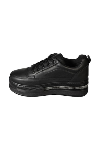 Yazkış Kadın Siyah Beyaz Cilt 5cm Kalın Taban Bağcıklı Tabanı Taşlı Sneaker Spor Ayakkabı Siyah
