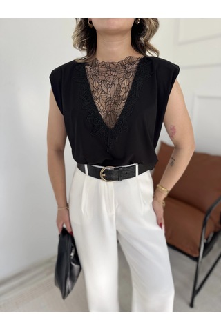 Keymoda Kadın Arkası Dantel Detaylı Basic Tshirt Siyah