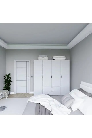 Duru Mat Beyaz 4 Kapılı 2 Çekmeceli Elbise Dolabı - Gardırop Seti Beyaz