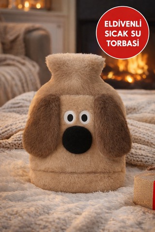 Kahverengi Gromit Figürlü Eldivenli Sıcak Su Torbası Peluş Kılıflı, Karın El Isıtıcı Renkli