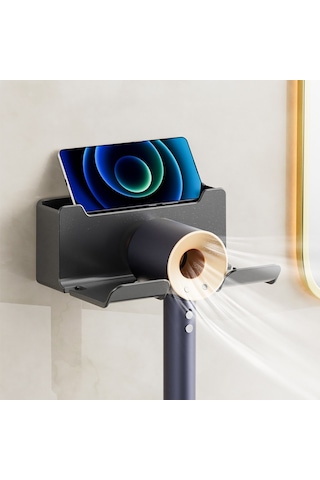 Lichen Saç Kurutma Makinesi Rafı, Punch Yok, Banyo Duvara Montaj Gri