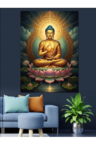 Ahşap Tablo Lotus Çiçeği Üzerinde Oturan Buda