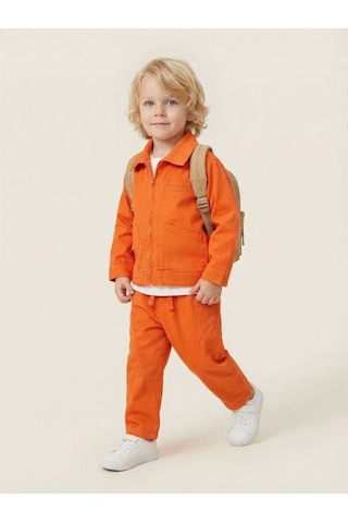 Zekids Erkek Çocuk Fermuarlı Ceket Ve Pantolon İkili Takım-17095 Turuncu