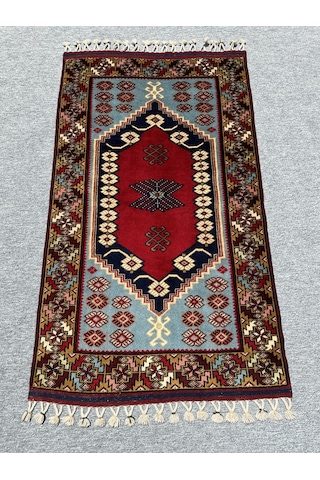 El Dokuma Yağcıbedir Halısı 85x140 Turkuazlı Kök Boya Yün Halı Turkuaz