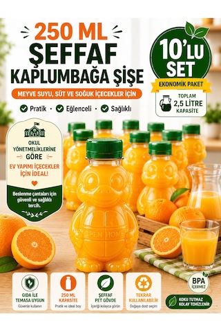 10'lu Set Şeffaf Kaplumbağa Şişe Yeşil Kapaklı Pet İçecek Şişesi Çocuk Beslenme Matarası 250 Ml