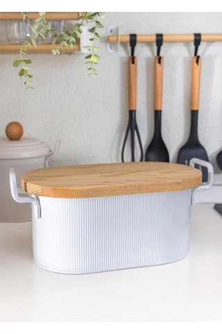 The Mia Stripe Ahşap Kapaklı Ekmek Saklama Kutusu Beyaz 40x22x18 Cm Beyaz