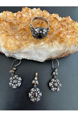 Aysesa Otantik Zirkon Oniks Taşlı Kadın Gümüş Set 2küpe+kolye+yüzük