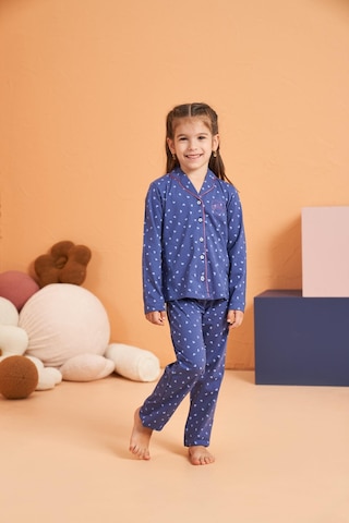 Pjs Kız Çocuk Kalpli Önden Düğmeli Gömlek Yaka Uzun Kollu Pijama Takım Mavı