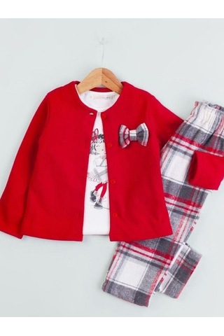 Baby Rose Kız Çocuk Triko Hırkalı Ekose Pantolonlu 3lü Takım-14927 Kırmızı