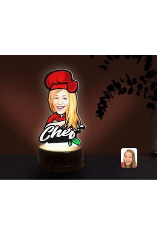 Kişiye Özel Kadın Chef Karikatürlü Dekoratif 3D Biblo Led Işıklı (481501254)