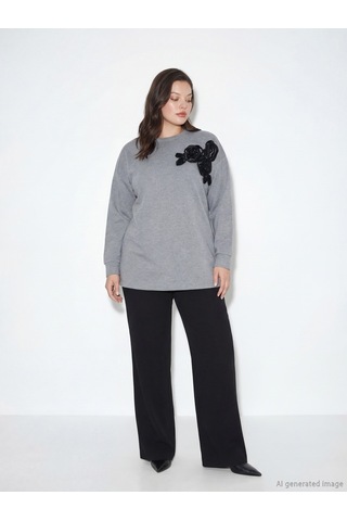 Lcwaıkıkı Classic Antrasit Çiçek Aplikeli Oversize Kadın Sweatshirt Tunik