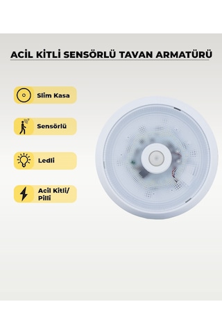 Acil Kitli Pilli Led Sensörlü Slim Tavan Armatürü 6500k Beyaz Işık Şarjlı Acil Aydınlatma