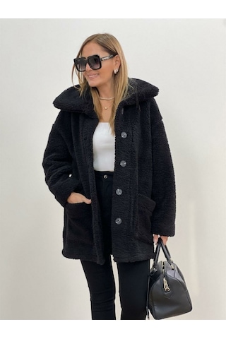 Efnaz Style Kadın Uzun Kollu Cep Ve Düğme Detay Wellsof Kumaş Peluş Hırka Siyah