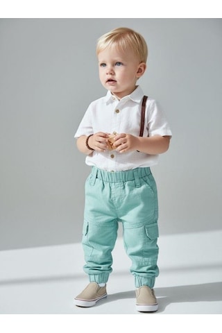 Zekids Erkek Bebek Pamuklu Beli Lastikli Kargo Pantolon-16933 Yeşil