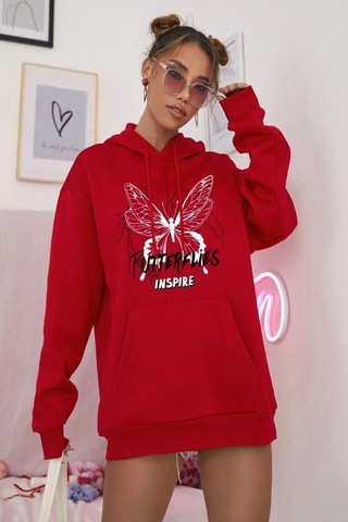 Modagen Kırmızı Kelebek Baskılı Oversıze Kapüşonlu Sweatshırt Kırmızı
