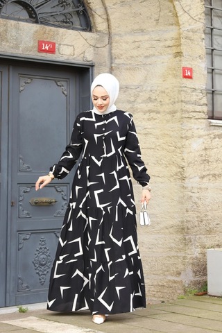Hira Life Fashion Kadın Tesettür Mevsimlik Beli Kuşaklı Dokuma Viskon Elbise Siyah-beyaz Siyah-beyaz
