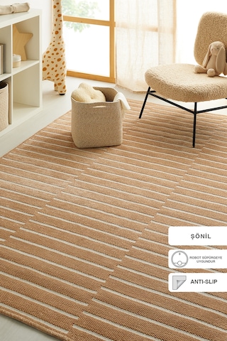 Ocean Home Textile Bej Renk Çizgi Desenli Şönil Halı Kilim 160 X 230 Cm
