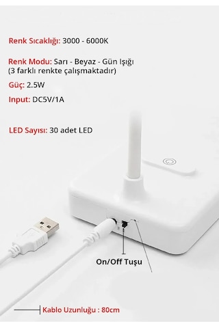 Usb Kablolu Şarjlı Dokunmatik Dimmer Ayarlı 30 Led Okuma Ve Çalışma Işığı Masa Lambası 3 Renk Işık