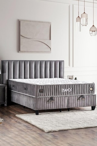 Hades Yatak Baza Ve Başlık Seti 150x200 Cm Çift Kişilik Paket Yaylı Lüks Yatak Koyu Gri Baza Başlık