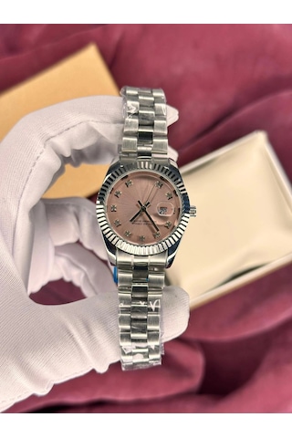 Pembe Kadranlı Datejust Kadın Kol Saati Gümüş
