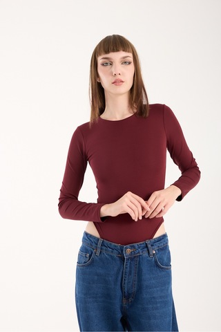Gugus Kadın Bisiklet Yaka Uzun Kollu Çıtçıtlı/zıbın Body Bordo1