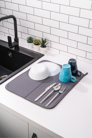 Gri Bulaşık Kurutma Matı 45x36 Cm, Kaymaz Tabanlı Su Emici Mikrofiber Mat Diğer