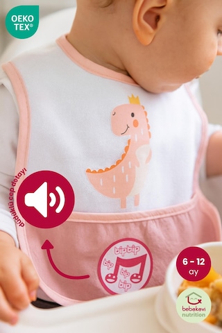 Düdüklü Cepli Sıvama Mama Önlüğü - Sevimli Dino Bebek Önlüğü Açık Pembe