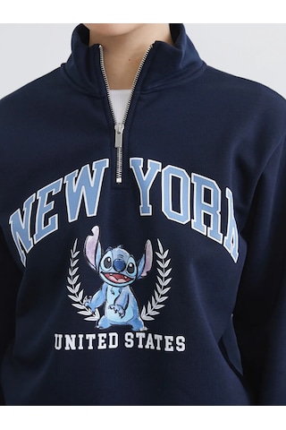 Lc Waikiki Lacivert Dik Yaka Stitch Baskılı Oversize Kadın Sweatshirt
