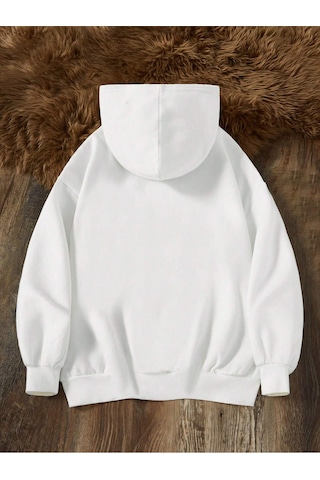 Harmandar 3 Iplik Kalın Pofuduk Çiçek Baskılı Beyaz Unisex Kanguru Cepli Kapüşonlu Sweatshirt Hoodie Beyazçiçek