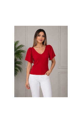 Gül&can Butik Kadın Kırmızı V Yaka Fitilli Dokulu Balon Kol Şık Günlük Triko Bluz Kırmızı