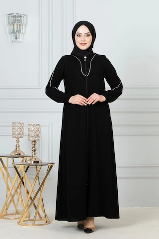 Beyaz Biye Detaylı Ferace - Siyah Siyah