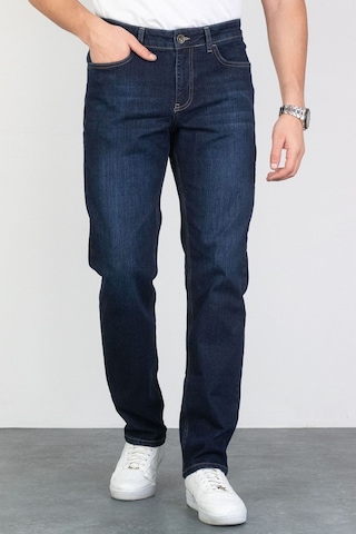Regular Fit Boru Paça Likralı Erkek Jeans Kot Pantolon - Koyu Mavi