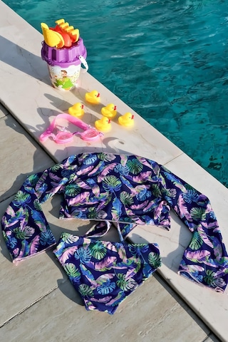 Mayom Kız Çocuk Yaprak Desenli Pareolu Bikini Takımı 3'lü Set-lacivert-pembe Lacivert - Pembe